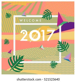 Happy New Year 2017 background. Calendar cover template. Colorful & Modern memphis style background. Greeting card vector illustration.