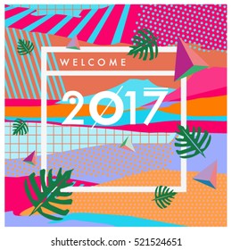 Happy New Year 2017 background. Calendar cover template. Colorful & Modern memphis style background. Summer greeting card vector illustration.