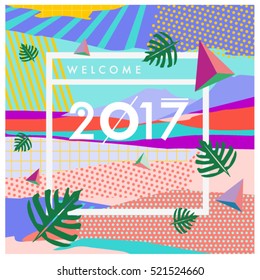 Happy New Year 2017 background. Calendar cover template. Colorful & Modern memphis style background. Summer greeting card vector illustration.