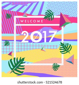 Happy New Year 2017 background. Calendar cover template. Colorful & Modern memphis style background. Summer greeting card vector illustration.
