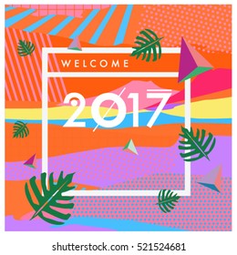 Happy New Year 2017 background. Calendar cover template. Colorful & Modern memphis style background. Summer greeting card vector illustration.