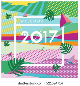 Happy New Year 2017 background. Calendar cover template. Colorful & Modern memphis style background. Summer greeting card vector illustration.