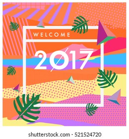 Happy New Year 2017 background. Calendar cover template. Colorful & Modern memphis style background. Summer greeting card vector illustration.