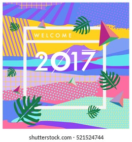 Happy New Year 2017 background. Calendar cover template. Colorful & Modern memphis style background. Summer greeting card vector illustration.
