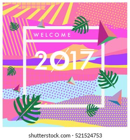 Happy New Year 2017 background. Calendar cover template. Colorful & Modern memphis style background. Summer greeting card vector illustration.