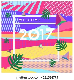 Happy New Year 2017 background. Calendar cover template. Colorful & Modern memphis style background. Summer greeting card vector illustration.