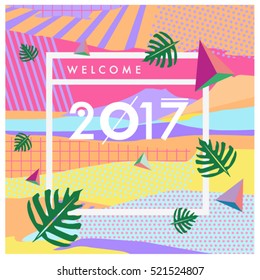 Happy New Year 2017 background. Calendar cover template. Colorful & Modern memphis style background. Summer greeting card vector illustration.