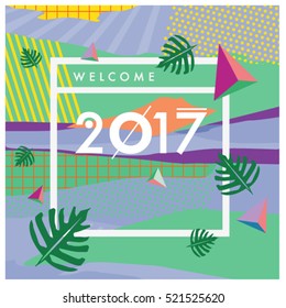 Happy New Year 2017 background. Calendar cover template. Colorful & Modern memphis style background. Summer greeting card vector illustration.