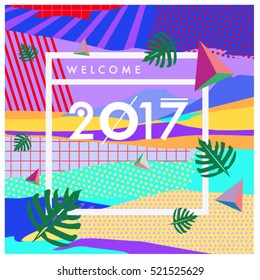 Happy New Year 2017 background. Calendar cover template. Colorful & Modern memphis style background. Summer greeting card vector illustration.