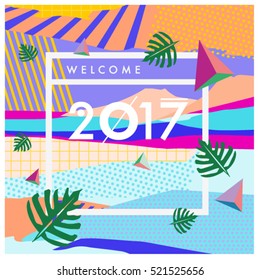 Happy New Year 2017 background. Calendar cover template. Colorful & Modern memphis style background. Summer greeting card vector illustration.