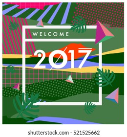 Happy New Year 2017 background. Calendar cover template. Colorful & Modern memphis style background. Summer greeting card vector illustration.