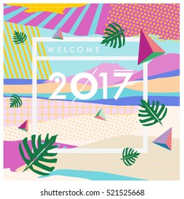 Happy New Year 2017 background. Calendar cover template. Colorful & Modern memphis style background. Summer greeting card vector illustration.