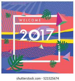 Happy New Year 2017 background. Calendar cover template. Colorful & Modern memphis style background. Summer greeting card vector illustration.