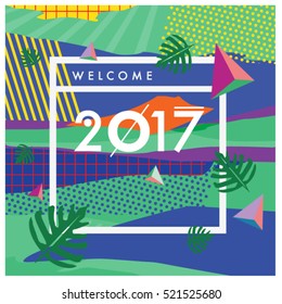 Happy New Year 2017 background. Calendar cover template. Colorful & Modern memphis style background. Summer greeting card vector illustration.