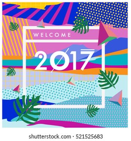 Happy New Year 2017 background. Calendar cover template. Colorful & Modern memphis style background. Summer greeting card vector illustration.
