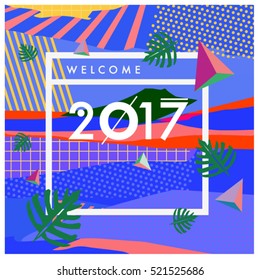 Happy New Year 2017 background. Calendar cover template. Colorful & Modern memphis style background. Summer greeting card vector illustration.