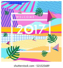 Happy New Year 2017 background. Calendar cover template. Colorful & Modern memphis style background. Summer greeting card vector illustration.