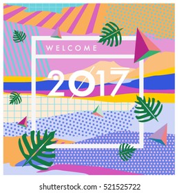 Happy New Year 2017 background. Calendar cover template. Colorful & Modern memphis style background. Summer greeting card vector illustration.