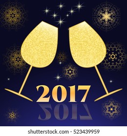 
Happy New Year 2017 background with glasses of champagne and snowflake. Vector illustration
