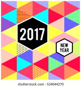 Happy New Year 2017 background. Calendar cover template. Colorful & Modern triangle memphis style background. Greeting card vector illustration.