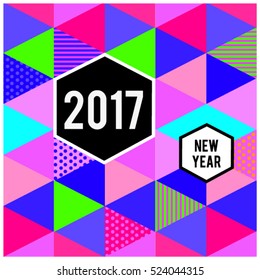 Happy New Year 2017 background. Calendar cover template. Colorful & Modern triangle memphis style background. Greeting card vector illustration.