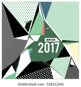 Happy New Year 2017 background. Calendar cover template. Colorful Modern memphis & geometric style background. Greeting card vector illustration.