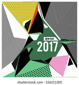 Happy New Year 2017 background. Calendar cover template. Colorful Modern memphis & geometric style background. Greeting card vector illustration.