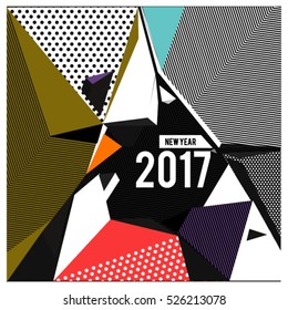 Happy New Year 2017 background. Calendar cover template. Colorful Modern memphis & geometric style background. Greeting card vector illustration.