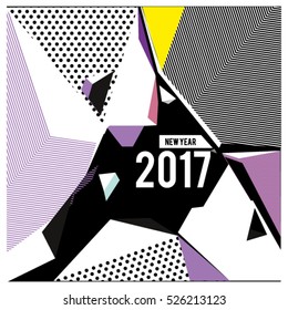 Happy New Year 2017 background. Calendar cover template. Colorful Modern memphis & geometric style background. Greeting card vector illustration.