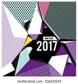 Happy New Year 2017 background. Calendar cover template. Colorful Modern memphis & geometric style background. Greeting card vector illustration.