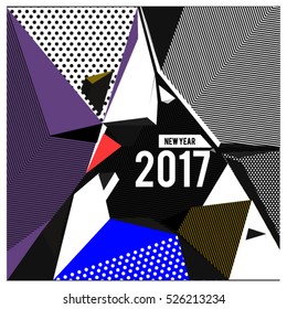 Happy New Year 2017 background. Calendar cover template. Colorful Modern memphis & geometric style background. Greeting card vector illustration.