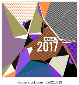 Happy New Year 2017 background. Calendar cover template. Colorful Modern memphis & geometric style background. Greeting card vector illustration.