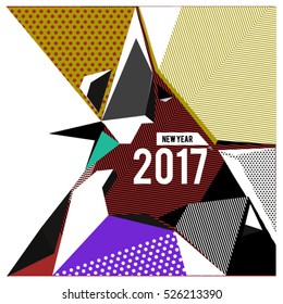 Happy New Year 2017 background. Calendar cover template. Colorful Modern memphis & geometric style background. Greeting card vector illustration.