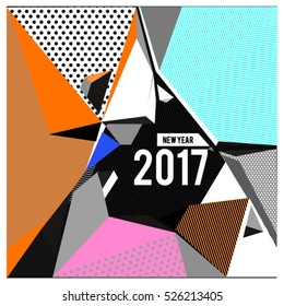 Happy New Year 2017 background. Calendar cover template. Colorful Modern memphis & geometric style background. Greeting card vector illustration.