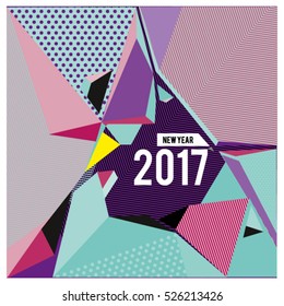 Happy New Year 2017 background. Calendar cover template. Colorful Modern memphis & geometric style background. Greeting card vector illustration.