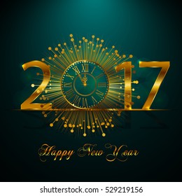 Happy New Year 2017. Background with golden sparkling texture. Vector illustration with gold clock.