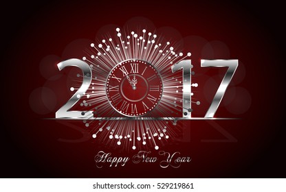 Happy New Year 2017. Background with silver sparkling texture. Vector iIlustration with clock