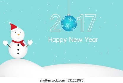 Happy new year 2017 background with snowman and snow, vector illustration.