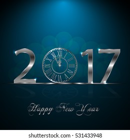 Happy New Year 2017. Background with silver sparkling texture. Vector iIlustration with clock.