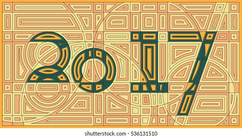 Happy new year 2017 background. Cyber abstract design. Motion design with circles and symbol elements. Vector illustration. 