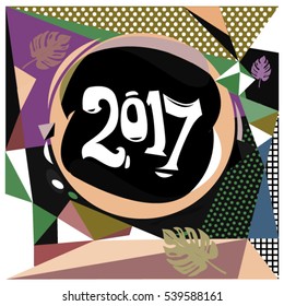Happy New Year 2017 background. Calendar cover template. Colorful & Modern memphis style background. Greeting card vector illustration.