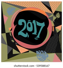 Happy New Year 2017 background. Calendar cover template. Colorful & Modern memphis style background. Greeting card vector illustration.