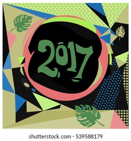 Happy New Year 2017 background. Calendar cover template. Colorful & Modern memphis style background. Greeting card vector illustration.