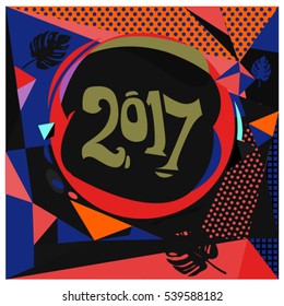 Happy New Year 2017 background. Calendar cover template. Colorful & Modern memphis style background. Greeting card vector illustration.