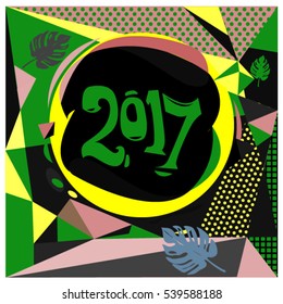 Happy New Year 2017 background. Calendar cover template. Colorful & Modern memphis style background. Greeting card vector illustration.