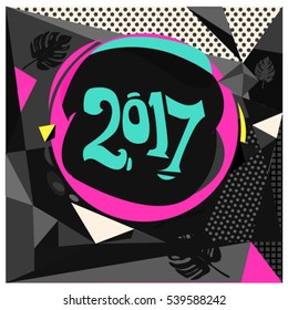 Happy New Year 2017 background. Calendar cover template. Colorful & Modern memphis style background. Greeting card vector illustration.
