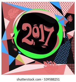 Happy New Year 2017 background. Calendar cover template. Colorful & Modern memphis style background. Greeting card vector illustration.