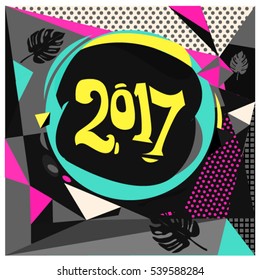 Happy New Year 2017 background. Calendar cover template. Colorful & Modern memphis style background. Greeting card vector illustration.