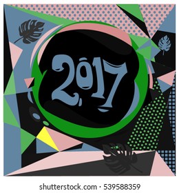 Happy New Year 2017 background. Calendar cover template. Colorful & Modern memphis style background. Greeting card vector illustration.