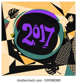 Happy New Year 2017 background. Calendar cover template. Colorful & Modern memphis style background. Greeting card vector illustration.